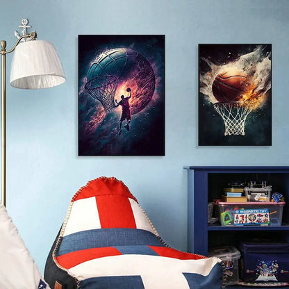 Decorbites colorful sport basketball posters for boys displayed with a red white and blue striped textured beanbag chair