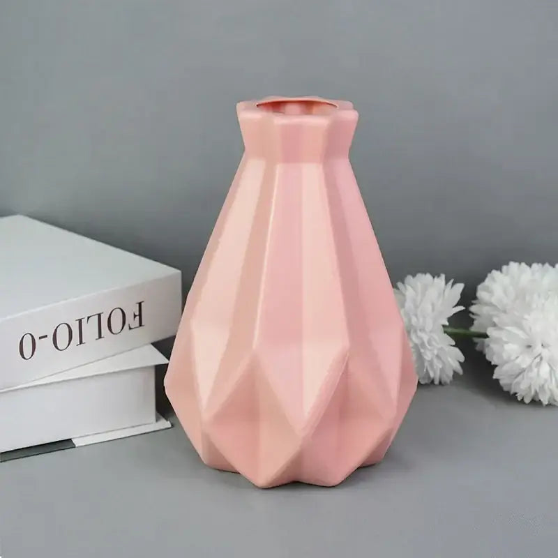 DecorBites™ matte pink colorful plastic flower vase with geometric faceted design for modern home décor