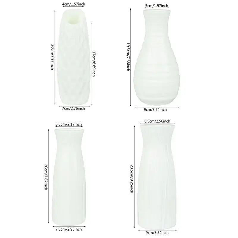 Set of four white ceramic flower vases with subtle textures for modern flower vase home décor by DecorBites™