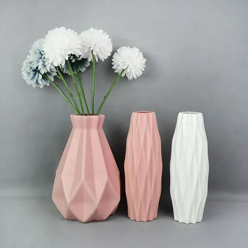 DecorBites™ modern flower vase set of three colorful plastic flower vases with geometric facets in soft pink and white matte finish