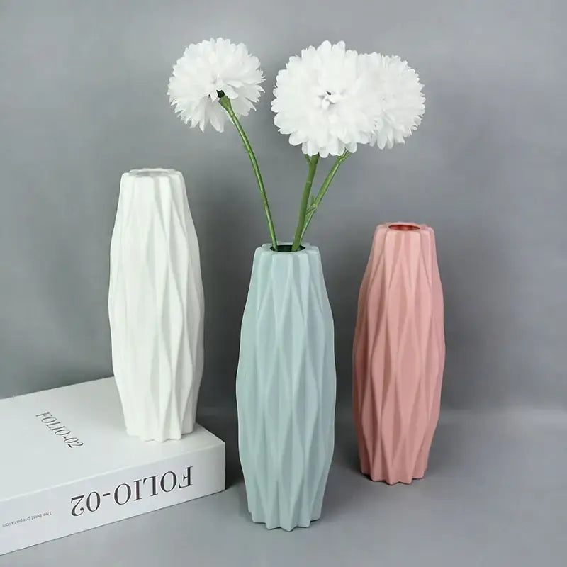 DecorBites™ colorful plastic flower vase set in white light blue and pink with modern geometric ribbed design for home décor