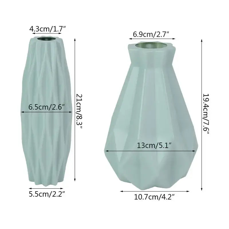 Two light blue ceramic modern flower vases with geometric faceted designs for home décor by DecorBites colorful plastic flower vase