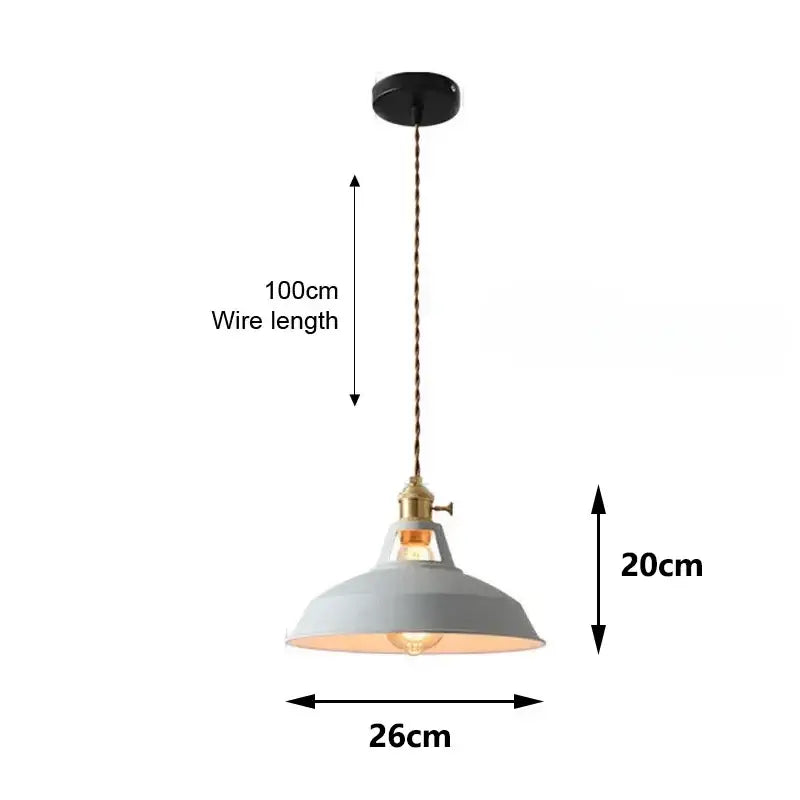 Industrial-style pendant lights with matte gray metal shade brass accents and twisted copper wire in colorful retro pendant design