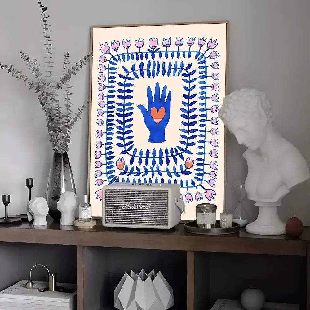DecorBites™ colorful tiger and leopard vintage poster wall art with blue hand and orange heart floral design on cream background