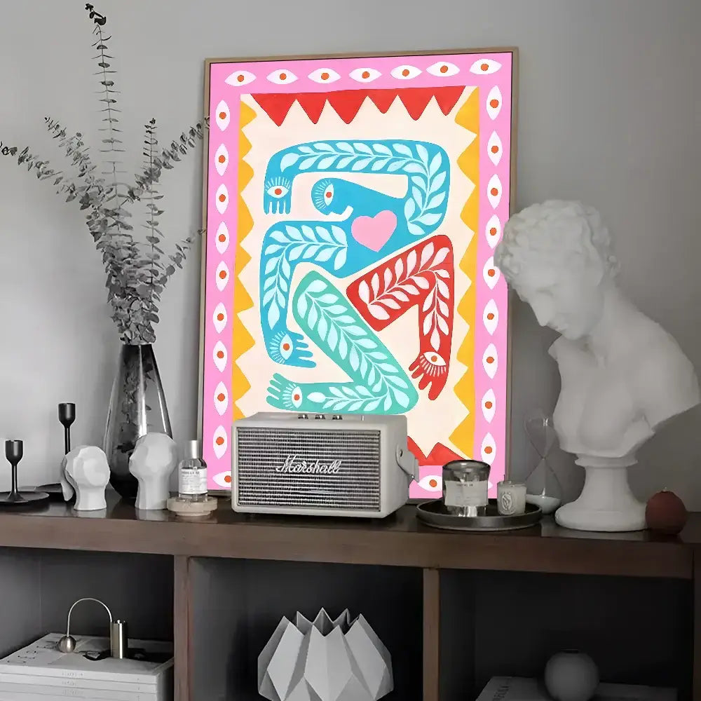 Vibrant framed wall art featuring blue and red stylized figures with leaf patterns in colorful tiger and leopard vintage poster design