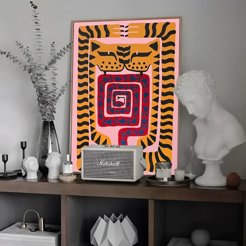DecorBites™ colorful tiger and leopard vintage poster wall art features a vibrant tiger with bold stripes on pink background