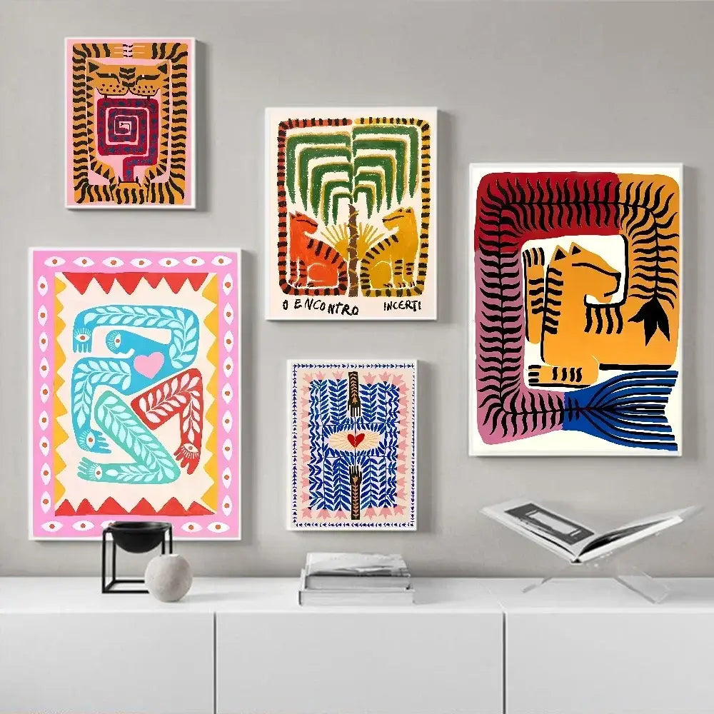 Vibrant decorbites™ colorful tiger and leopard vintage poster wall art featuring bold colors and intricate patterns