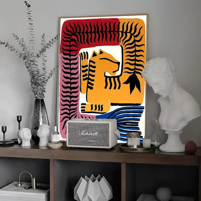 DecorBites™ colorful tiger and leopard vintage poster wall art featuring a vibrant orange tiger in a wooden frame