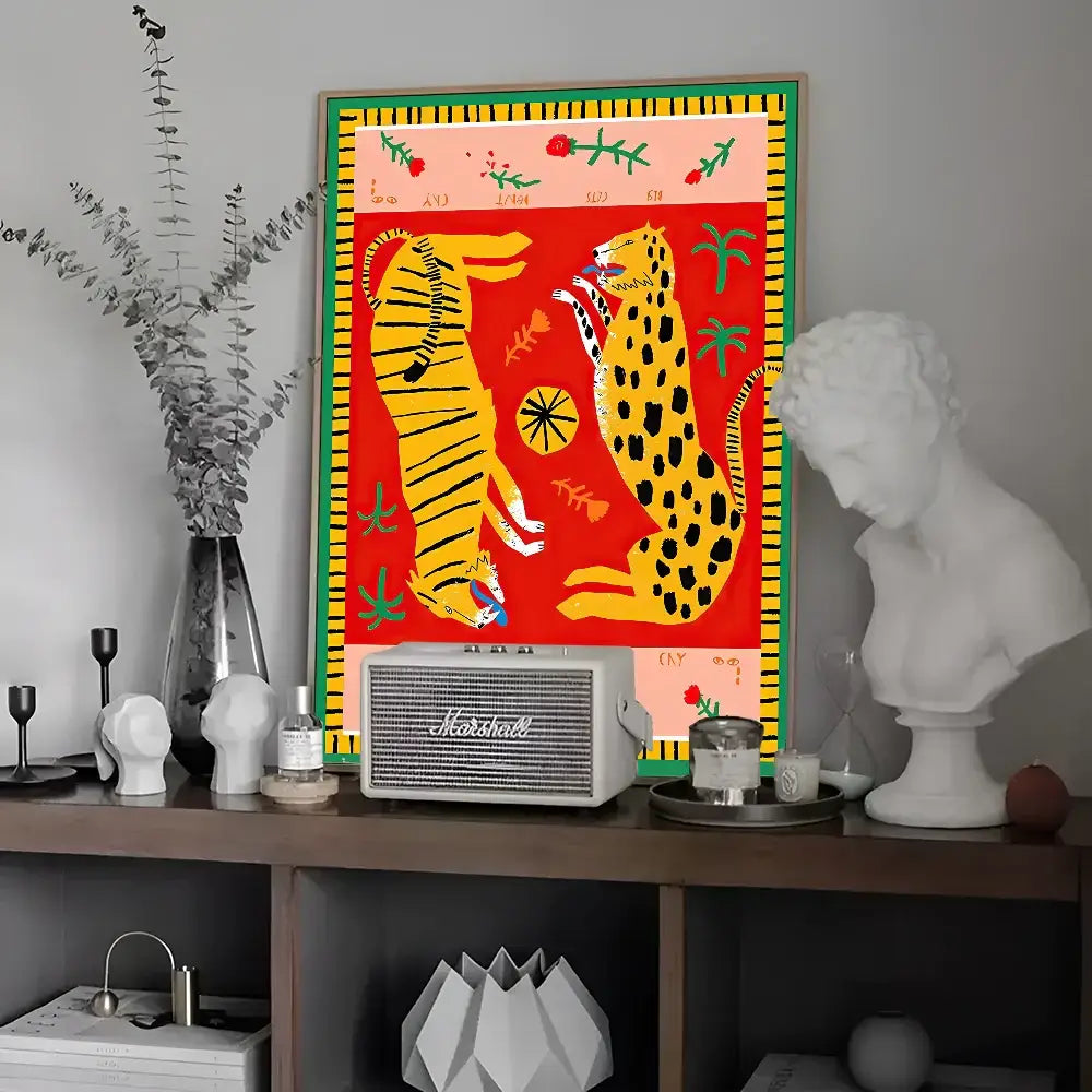 Vibrant red and yellow DecorBites™ colorful tiger and leopard vintage poster wall art with bold green borders