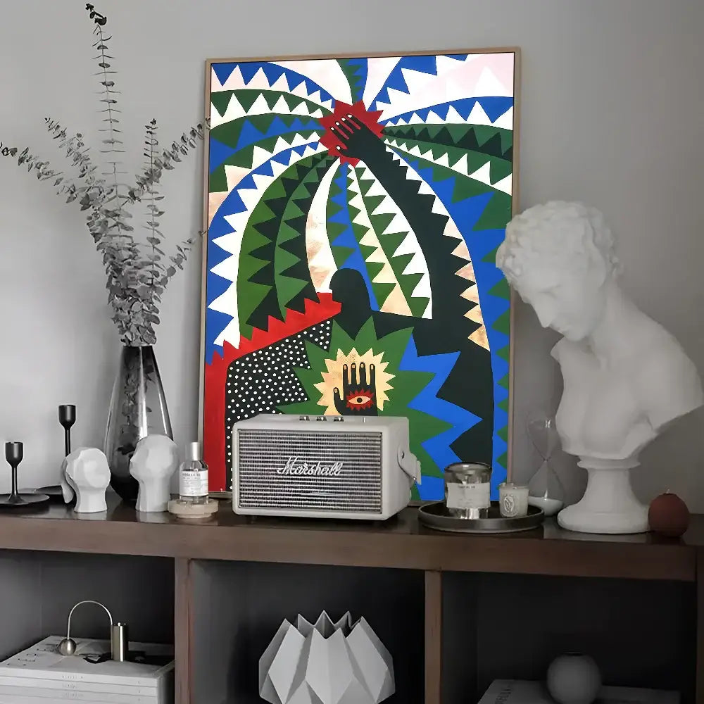 White marshall speaker with grille and logo featured alongside colorful tiger and leopard vintage poster wall art