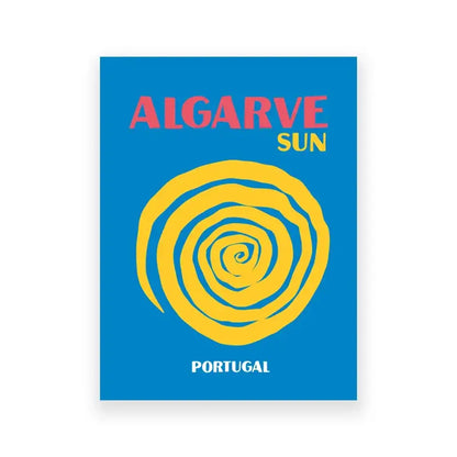Vibrant blue decorbites™ colorful travel poster featuring a yellow spiral sun design with algarve sun and portugal text