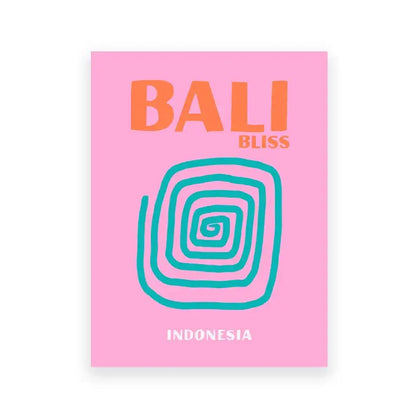 Pink rectangular DecorBites™ colorful travel poster with bali bliss text and teal spiral for living room decor