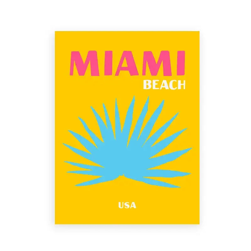 Vibrant yellow color travel art print travel poster featuring pink white miami beach text and blue palm frond usa design