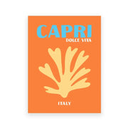 Orange rectangular art print featuring stylized yellow coral and bold blue capri text from decorbites colorful travel posters