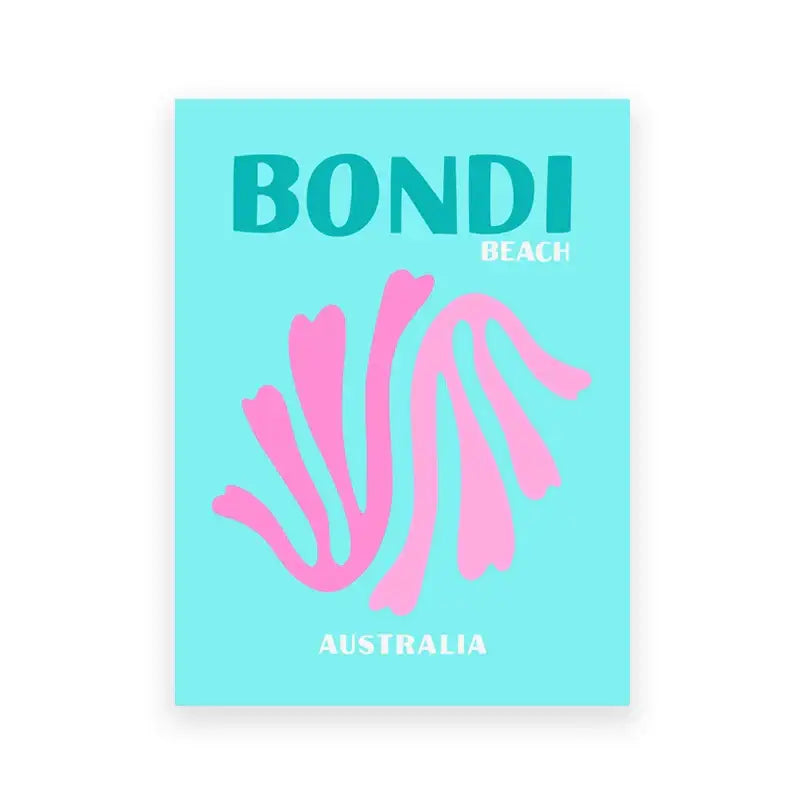 Decorbites™ colorful travel posters art print with bold teal bondi beach text and pink seashell on turquoise background