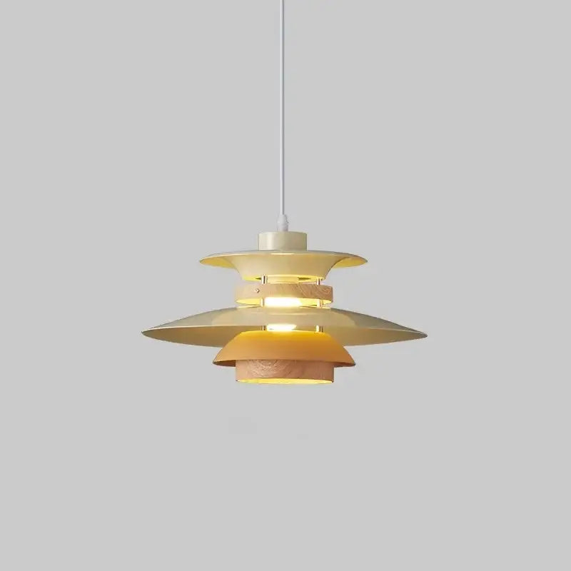 A modern decorbites colorful umbrella led chandelier with layered warm-toned metal and wood discs in cream and amber