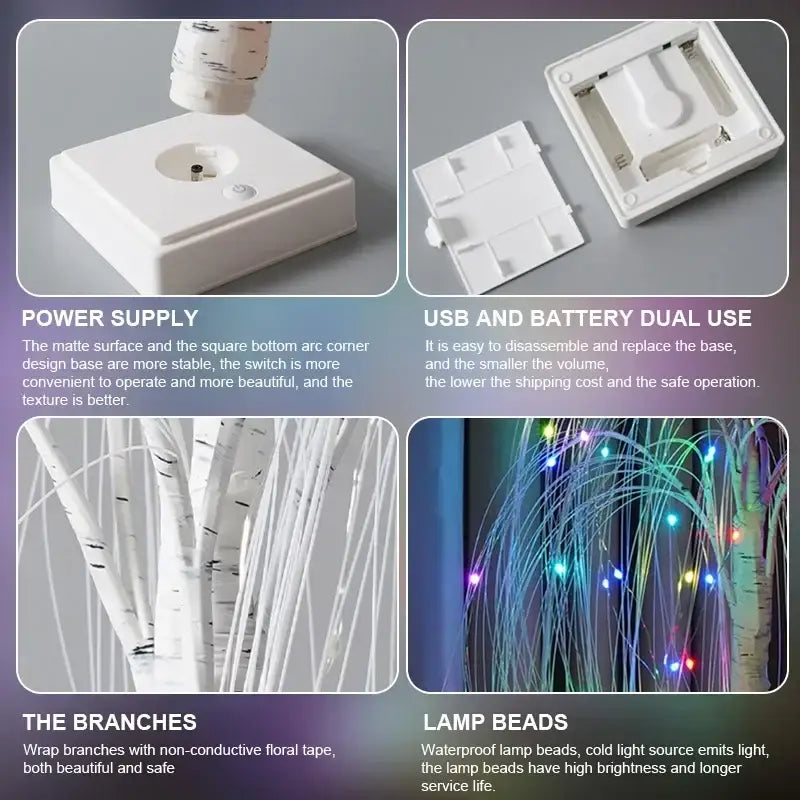 White plastic base with matte finish and integrated switch for usb or battery power in decorbites colorful willow tree light