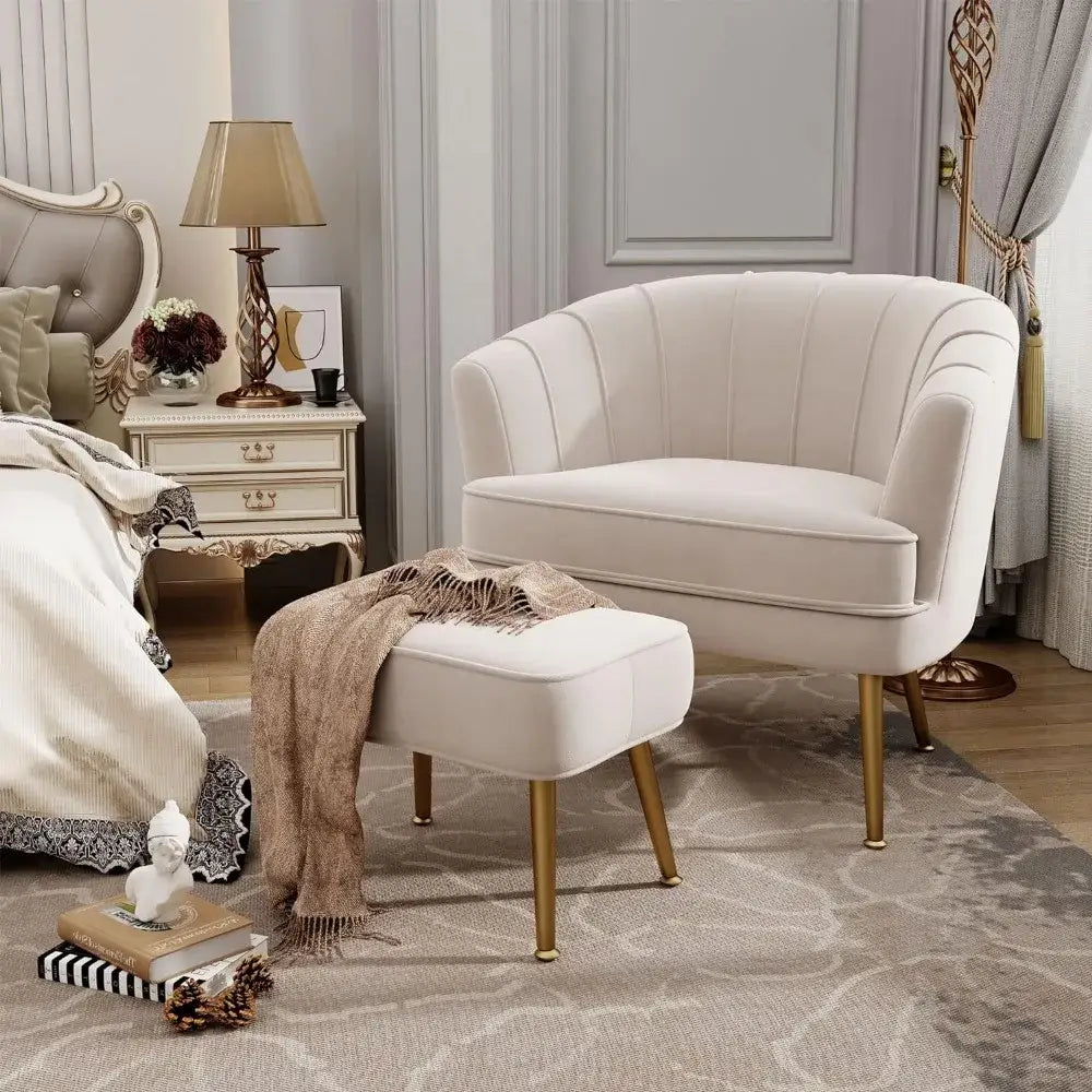 Cream-colored velvet decorbites comfortable beige bucket armchair and ottoman with gold-tone legs for living room use
