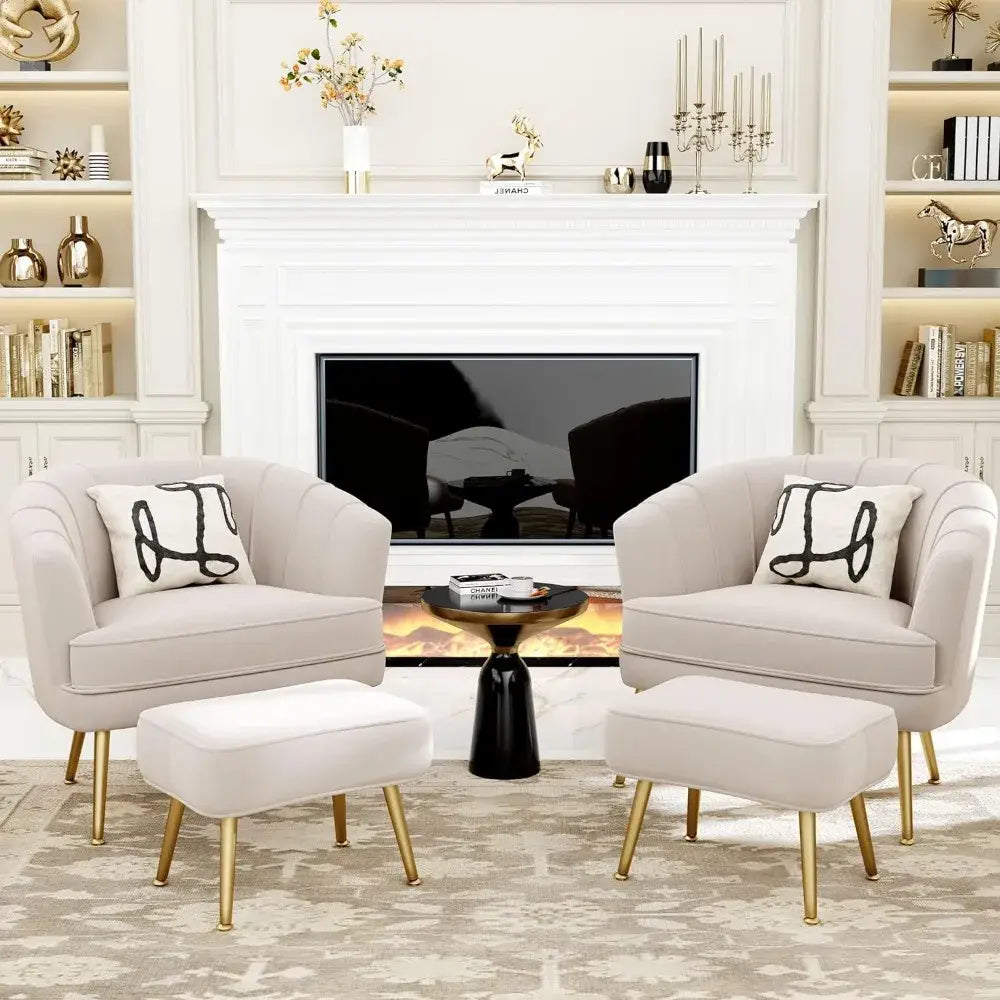 Pair of decorbites comfortable beige bucket armchairs and ottomans in velvet with gold legs and black abstract pillows for living room