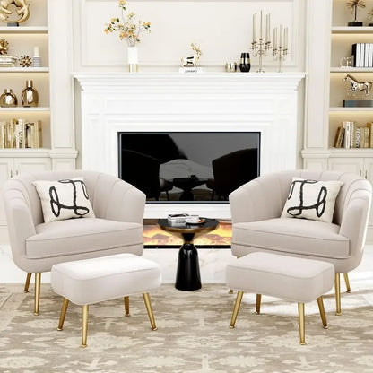 Pair of decorbites comfortable beige bucket armchairs and ottomans in velvet with gold legs and black abstract pillows for living room