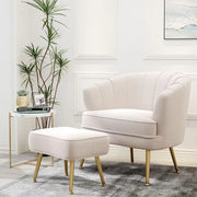 Cream-colored velvet decorbites comfortable beige bucket armchair with gold-tone legs and matching ottoman for living room