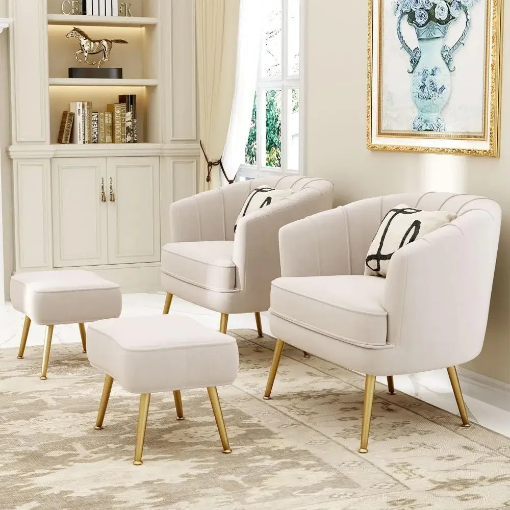 Decorbites comfortable beige bucket armchair and ottoman with cream velvet tufted back and gold-tone legs for living room