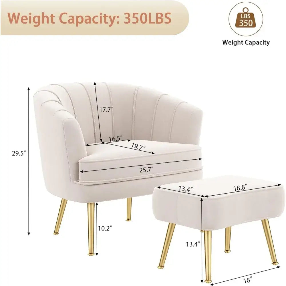 Cream-colored velvet decorbites comfortable beige bucket armchair with gold-tone metal legs and matching ottoman for living room