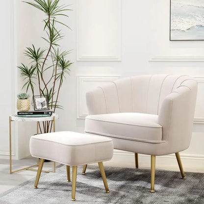 Cream-colored velvet decorbites comfortable beige bucket armchair with gold-tone metal legs and matching ottoman for living room