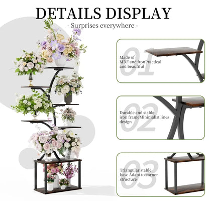 DecorBites™ compact tree design plant stand with black and dark wood multiple shelves and curved iron frame