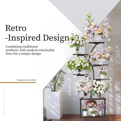 DecorBites™ sleek black metal plant stand with multiple shelves and compact tree design displaying pastel flowers