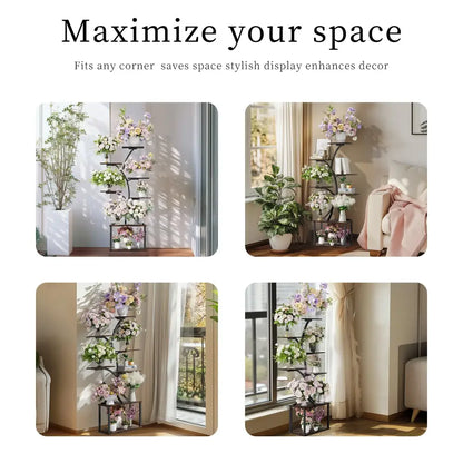 Decorbites™ black metal plant stand with multiple shelves in compact tree design for displaying plants and flowers