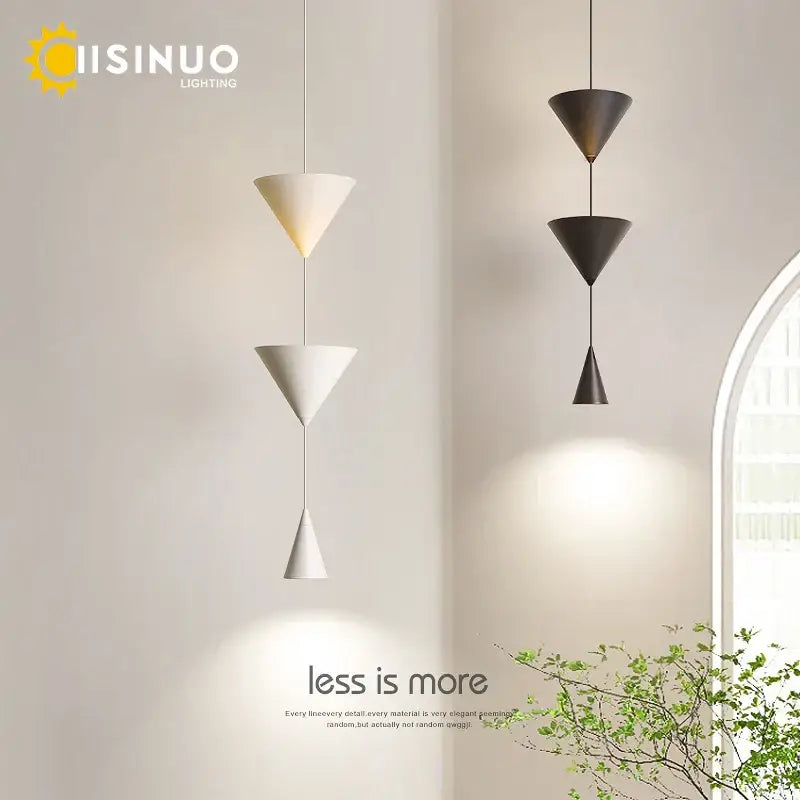 Modern minimalist decorbites cone pendant light with stacked matte white and dark bronze conical shades for kitchen use