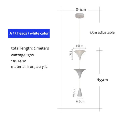 White DecorBites cone pendant light with three adjustable iron and acrylic heads for kitchen island or bedside use