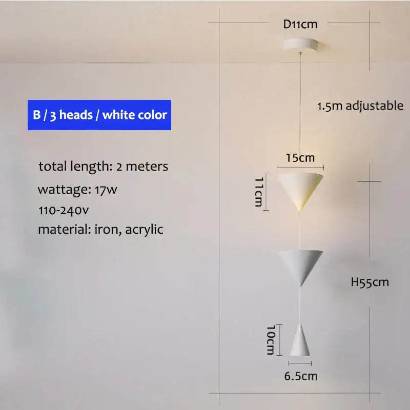 White decorbites cone pendant light with three stacked iron and acrylic shades for kitchen island or bedside lamp