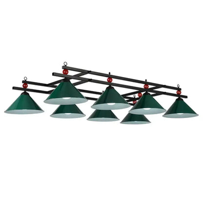 Decorbites conical island metal pendant ceiling light with green shade black frame and red billiards accents
