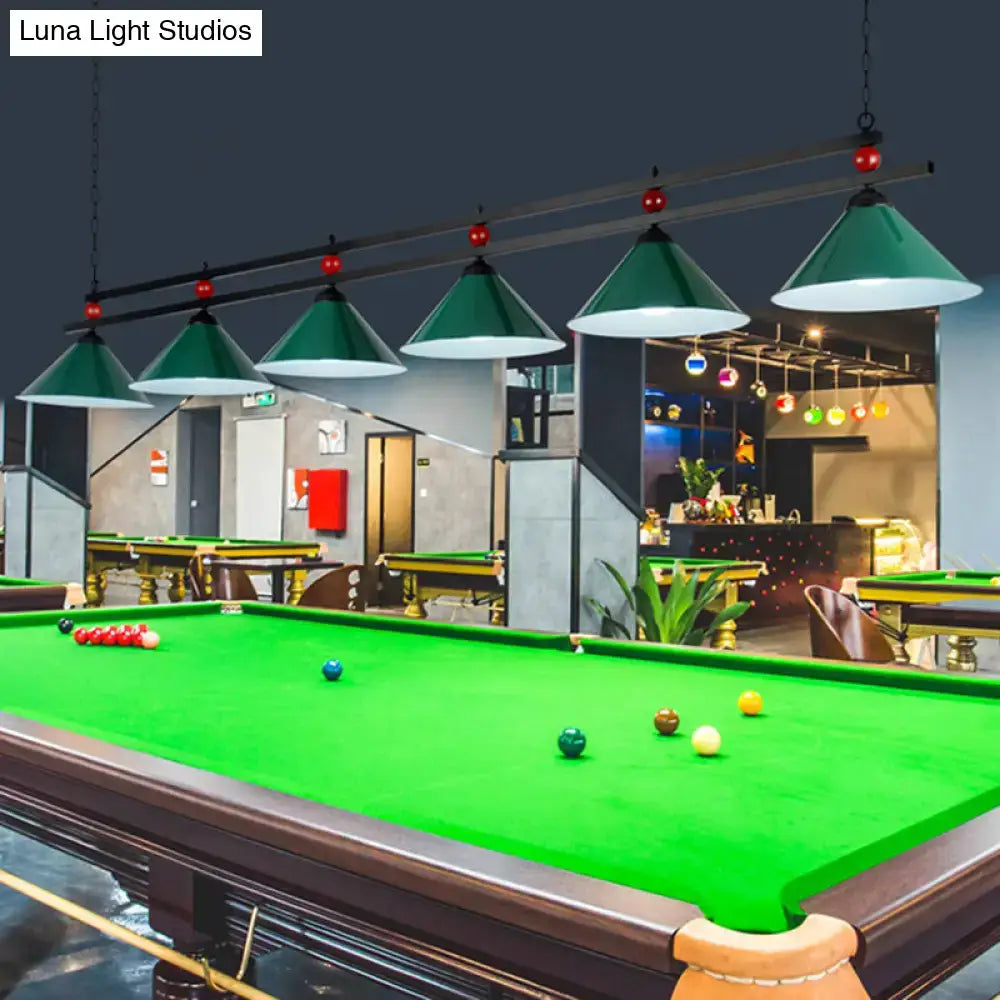 Decorbites™ conical island metal pendant ceiling light with industrial style hangs above green felt pool table with dark wood frame