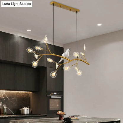Decorbites™ gold-toned acrylic branch pendant light with clear glass globes and white ceramic bird decoration 220v-240v