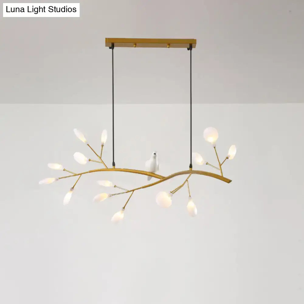 Gold-toned acrylic LED pendant light with white ceramic blossoms and bird decoration for 220v-240v use