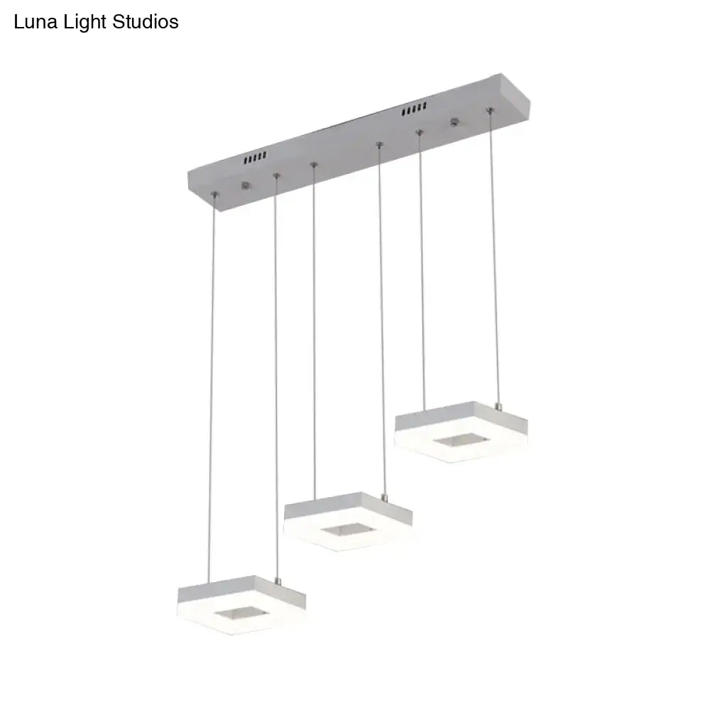 Modern silver acrylic square island light pendant fixture with three white natural acrylic square shades for kitchen use
