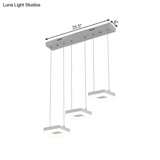 Modern silver acrylic square island light kitchen pendant fixture with three hanging square led lamps in white natural finish