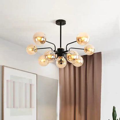 DecorBites contemporary black metal chandelier with amber glass globe shades 10-bulb sphere living room pendant light