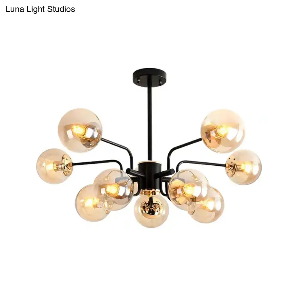 DecorBites contemporary black metal chandelier with 10 amber glass globe shades for living room sphere lighting