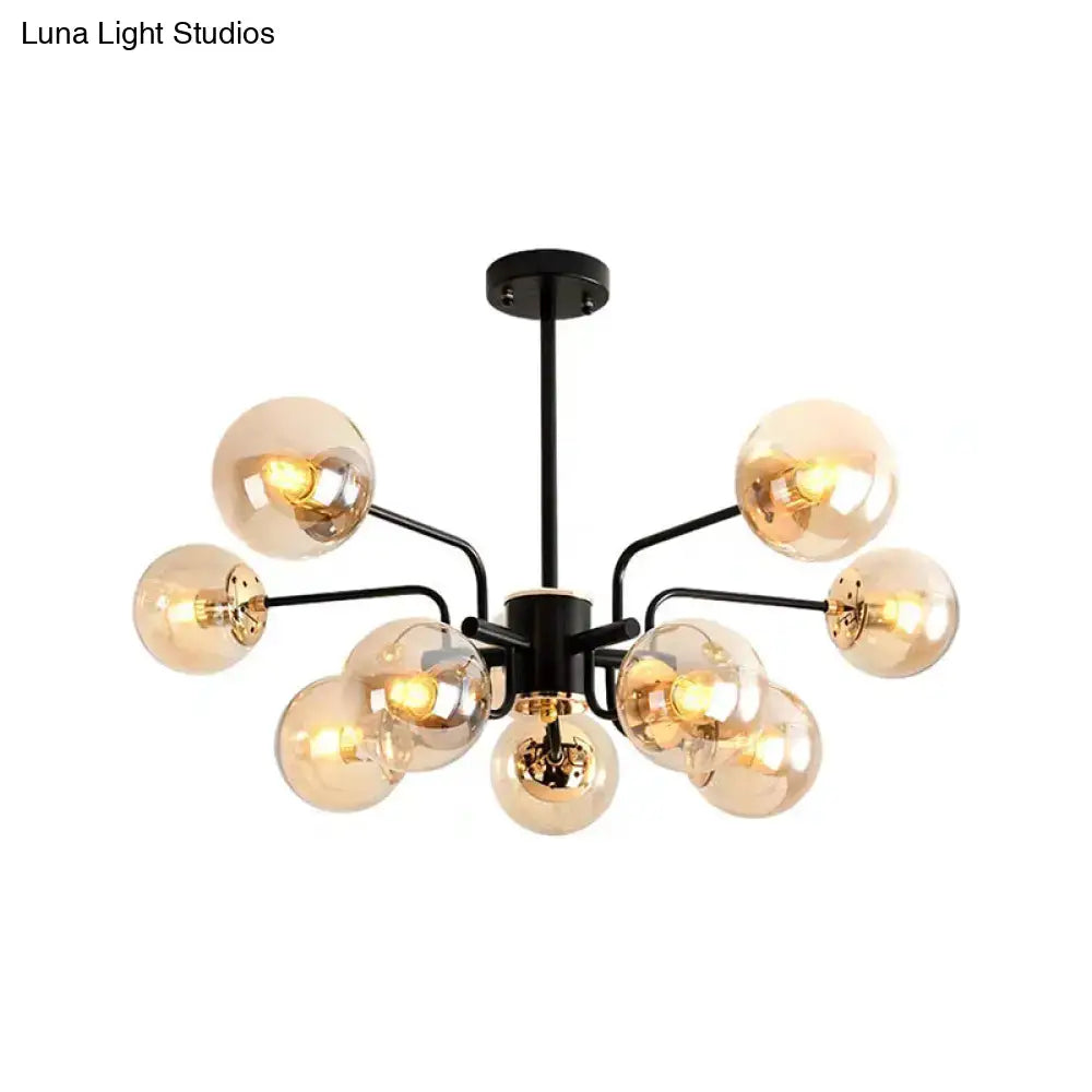 DecorBites contemporary black metal chandelier with amber glass shade globes for living room sphere lighting