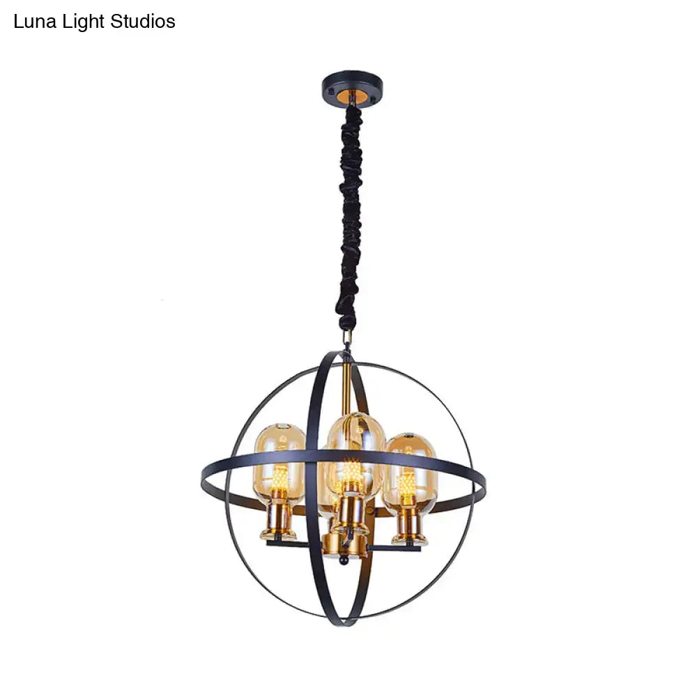 Industrial-style pendant chandelier with black orb frame and amber glass bulbs compatible with 220v-240v 110v-120v