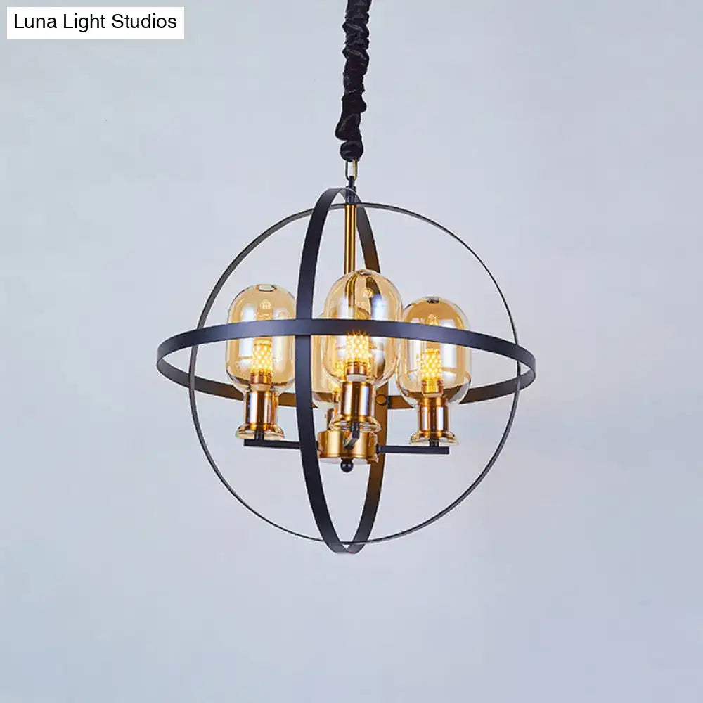 Decorbites contemporary pendant chandelier with amber glass bulbs and black metal orb frame compatible with 220v-240v 110v-120v