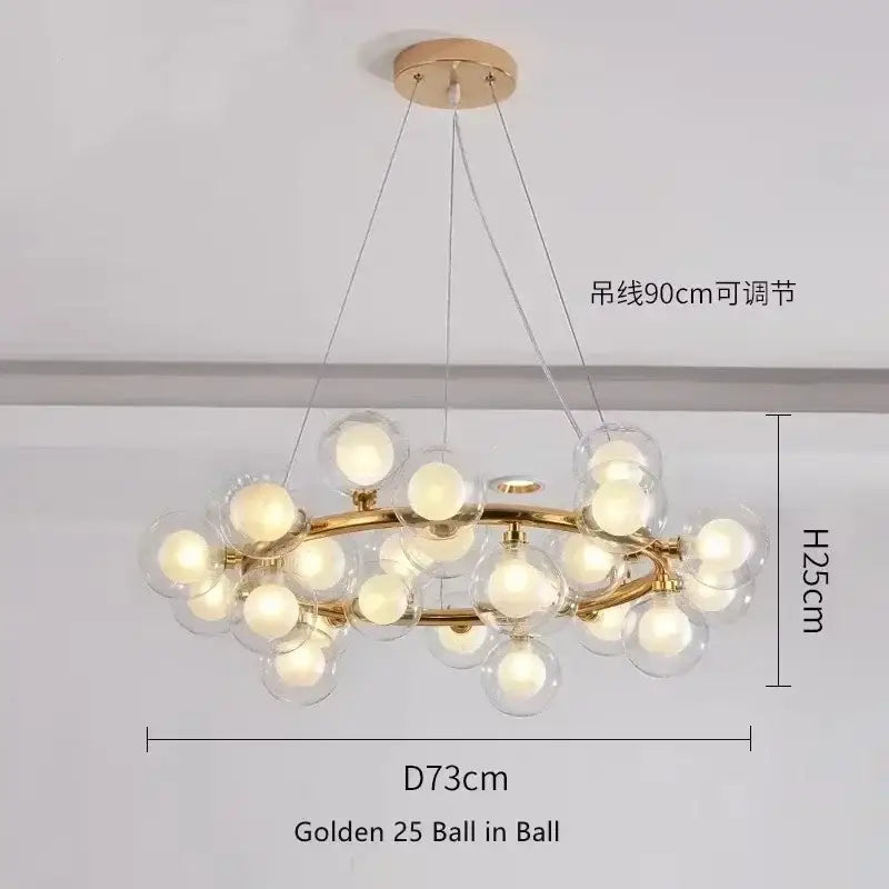 Decorbites™ contemporary black and gold chandelier with 25 white glass ball spheres and a brass frame