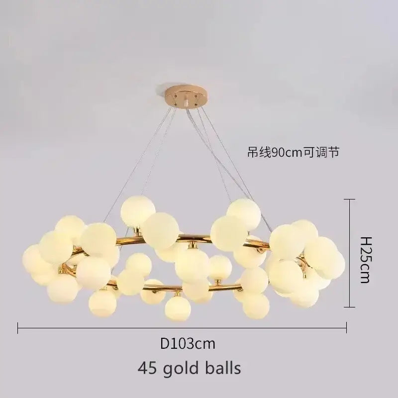 Decorbites™ contemporary black and gold chandelier with 45 white glass ball bulbs on a branching metal frame