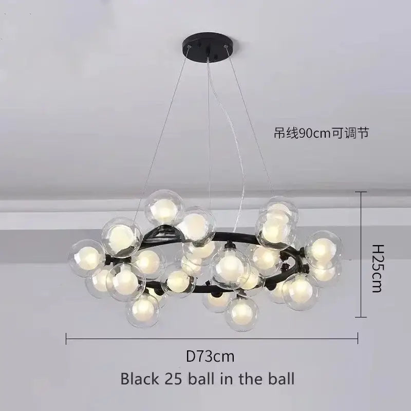 DecorBites™ contemporary black and gold chandelier with 25 white glass ball bulbs in a cluster design