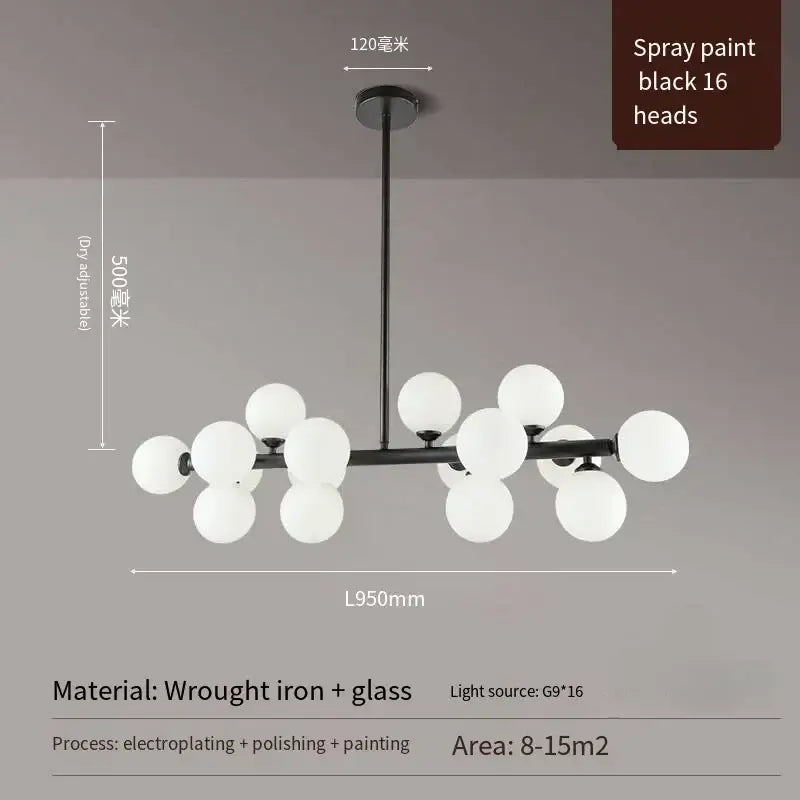 DecorBites™ contemporary black wrought iron chandelier with 16 frosted white glass ball lights