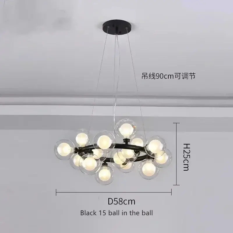 DecorBites™ contemporary black metal chandelier with fifteen white glass balls and clear globe bulbs
